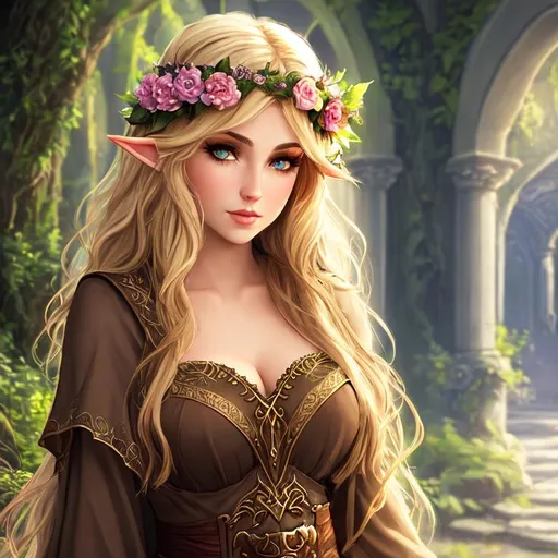 Prompt: Romanticism. druid elf girl. hazel eyes. Sandy blond hair. Light-skinned. Rosy cheeks. Gothic. Fantasy. High fantasy. cinematic lighting. Character design.