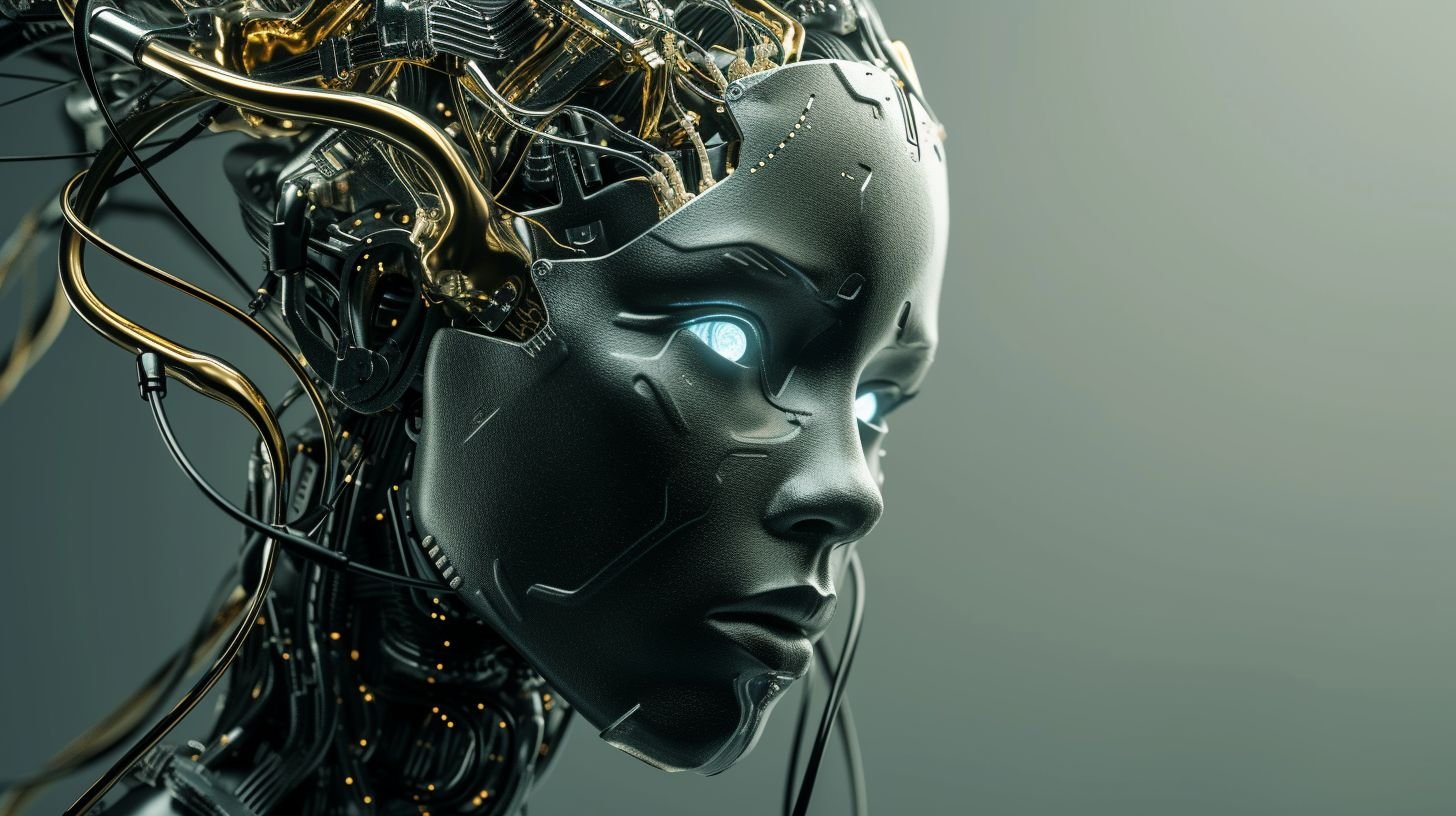 Prompt: Create a futuristic portrait of an advanced humanoid robot. The robot is adorned with a complex network of silver and gold wires forming an intricate circuitry pattern across the head and neck, resembling a high-tech crown. These wires should be set against the robot's smooth, matte black skin. The robot's eyes are a deep, glowing blue, with a sharp gaze that exudes intelligence and depth. The background is a subtle gradient from dark to light grey, focusing all attention on the robot, which is a blend of elegance, power, and advanced technology. The artwork should have a hyper-realistic quality, with a balance of shadow and light that highlights the textures and materials, making it appear tangible.