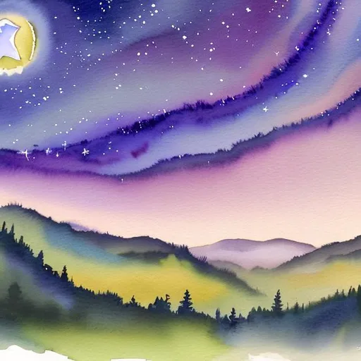 Prompt: Starlight over a meandering valley in watercolor