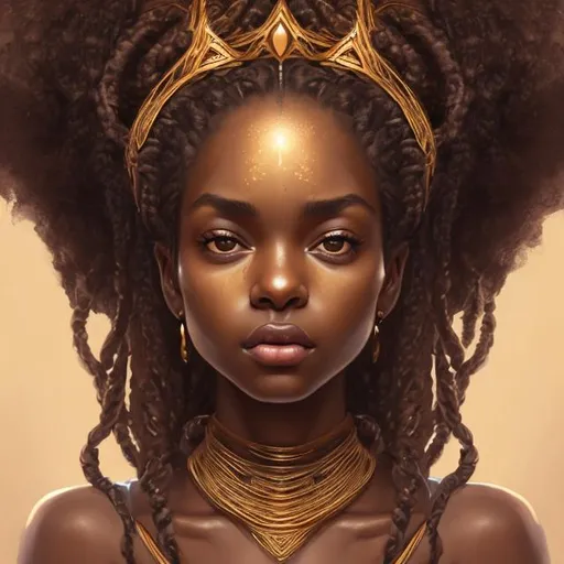 Prompt: portrait of a queen{person}, smooth soft brown skin, big dreamy eyes, beautiful plaited African hair with a golden crown, symmetrical, anime wide eyes, soft lighting, detailed face, by concept art, digital painting, looking into camera