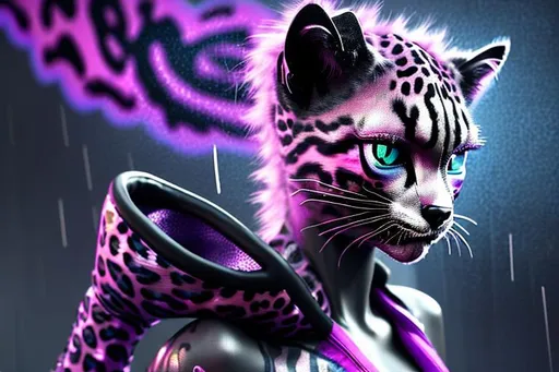 Prompt: Graffiti, hyperealistic, petite adult cat woman with pink skin, purple iridescent cat eyes, and dark purple dreadlocks is standing outdoors in the rain, looking away at moon. She is wearing a black and silver cheetah print sports bra and a silver thong. Render in rear view. Shimmery silver and navy blue clouds and a serene forest make up the background.  Tattoos, percings, full body, forest, trees, streetlights fantasy, 