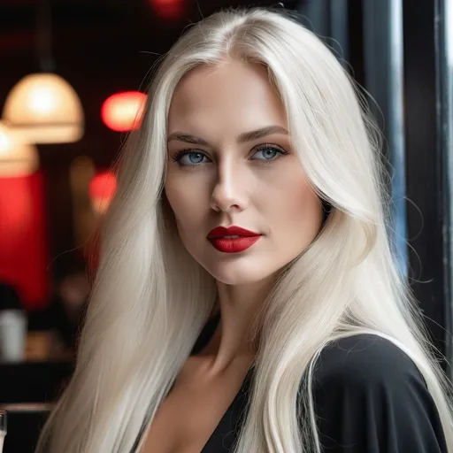 Prompt: beatiful, alluring white woman, young, slightly tanned with long, well kept white flowing soft hair, exudes elegance, small amount of mascara and  red lipstick and open revealing black robes, desaturated blue eyes, closed mouth , in a public cafe, remote, a window, dim red lighting