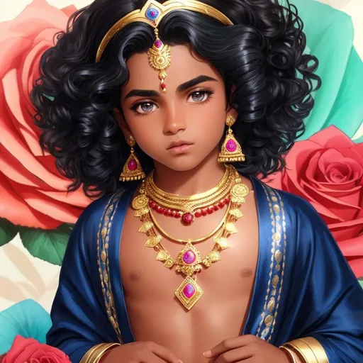 Prompt: An 8 year old cute boy, Dark blue skin, black wide eyes, straight dark eyebrows, long lips like rose petals, no shirt robes like ancient Indian prince, Golden large Indian stylish neckless which is decorated by gold and emerald and rubies and it bright, large Indian ancient time's golden flowing ear-rings in ears, curly hair, the hair reach the shoulders, simple peacock feather crown on head which has 3 big peacock feathers exact middle of the crown, there are divine lights around the boy.

A golden crown on boy's head it has a real 3 pecock feathers. Sitting under a wide peepal tree