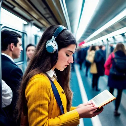 Prompt: vintage girl with a long hair reading a book on a train crowded by people listening to music by headphones on, many people standing and using phones around her, people taking pictures of her, realism, night, low light, 8k, focus, beautiful pretty girl, people standing around a standing girl