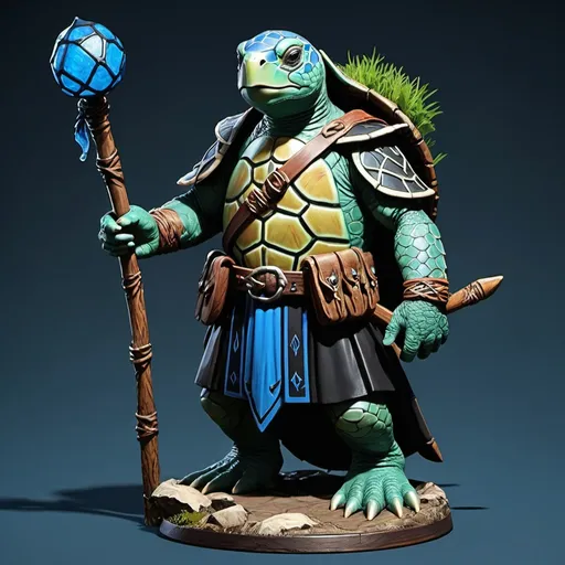 Prompt: dungeons and dragons green turtle druid, standing, in black clothes with blue trim, with a wooden staff