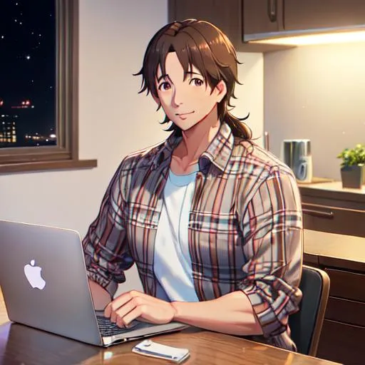 Prompt: Male, 37 years old, midlength hair, brown hair, brown eyes, flannel shirt, working on a Macbook,  170 pounds, at night, in a home office,  by makoto shinkai