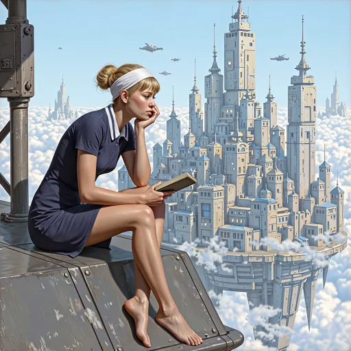 Prompt: This is a digital painting in a realistic, gritty, science fiction style with natural proportions and detailed facial features.
The central subject is a blonde woman with her hair tied in a bun, wearing a white headband and a navy blue, short-sleeved, form-fitting dress in the style of a flight attendant that ends just above her knees. She is sitting with her legs crossed, barefoot, and holding a closed book in her left hand while resting her chin on her right hand. Her expression is contemplative as she gazes downward.
The background features a futuristic, aerial cityscape filled with numerous, clustered large, buildings of varying sizes, futuristic oblong and oval shapes. The are colored with varying metallic-industrial hues, all with intricate details such as windows, antennas, and small, lit areas creating a crowded, chaotic sky-scape. The buildings are supported, held up above the clouds, by metallic beams and columns. These structures are surrounded by a layer of fluffy, industrial-smog tinged clouds. Several small aircraft are flying in the distance. The sky is a gradient of light blue to white, adding a sense of depth and vastness to the scene.
The woman is seated to one side of the image, on a metallic ledge overlooking the cloud-city with visible structural beams and a slight texture, indicating it might be part of a larger aircraft or platform. The overall color palette is dominated by industrial metallic tones and palette offset by the contrasting cool blue of the sky, creating a serene yet futuristic atmosphere. The attention to detail and realistic rendering give the painting a sense of realism within a fantastical setting.