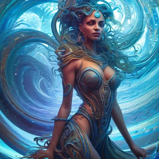 Prompt: beautiful woman Queen Djinn of ocean in spiral wave water, background glorious , perfect Veronica Pome’e face, realistic, full body, standing on ground, circuit board, in intricate clothing, fantasy, illustration, artstation, very complex hyper-maximalist overdetailed cinematic tribal darkfantasy, 8k resolution, Ultra-detailed Quality 3D Octane Render, photorealistic concept art, Sharp Focus, Perfect Composition, intense shadows, intense lighting, wallpaper, HDR, high quality, high-definition --stylize 1000 --ar 2:3