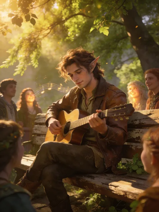 Prompt: A photorealistic image of an elven man with messy brown hair wearing a brown leather jacket and casual clothes. He sits on a park bench and plays guitar for passers by. High fantasy aesthetic 