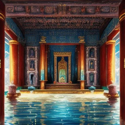 Prompt: oil painting , inside of temple surrounded by water, 8k