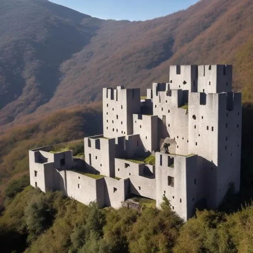 Prompt: several small castles on the side of a Mountain, brutalist architecture 