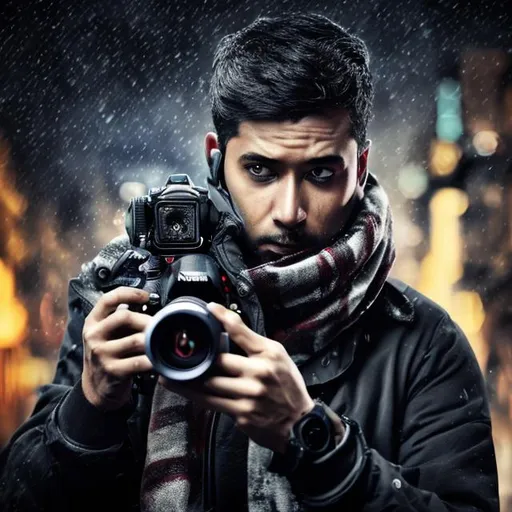Prompt: A male  journalist in black jacket, with scarf he is  holding Nikon D800 trying to take a photo, background war battle, Hyperrealistic, sharp focus, Professional, UHD, HDR, 8K, Render, electronic, dramatic, vivid, pressure, stress, nervous vibe, loud, tension, traumatic, dark, cataclysmic, violent, fighting, Epic