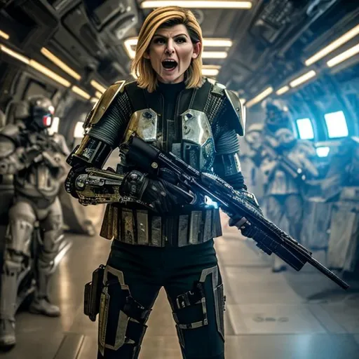 Prompt: Jodie Whittaker shouting angrily wearing an armored futuristic scifi military uniform and holding an advanced exotic shotgun in full color