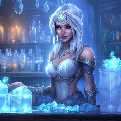 Prompt: female cryomancer waiting tables, with drinks on a tray of ice  