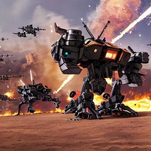 Prompt: painting of a giant walking mech firing a salvo of incendiary missiles upon an army of small combat robots.