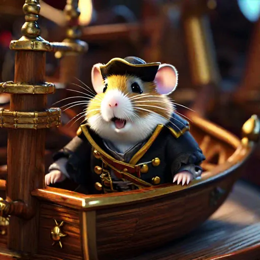 Prompt: A pirate hamster on his pirate ship,  highly detailed, professional, render, Sharp focus, HD, UHD, HDR, hyperrealistic