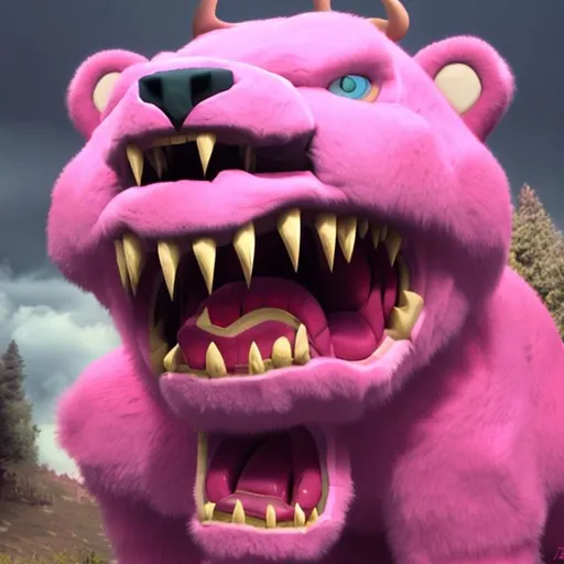 Prompt: Pink Bear, Wild, Foaming at Mouth, Roar, Demon Rage Mode Anger, Prophecy of Revelation, Anger Point, Max Attack Stat