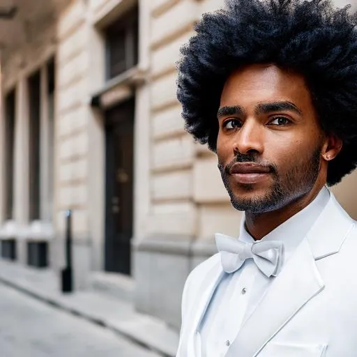 Prompt: black man in white wedding suit dancing on a street corner