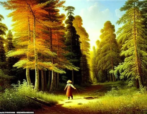 Prompt: Painted landscape of deep forest. Oil painting. High quality and value. Ivan shishkin. Many different plants and trees. Some small mushrooms. One ginger dog is walking. Natural light. bright colours. 