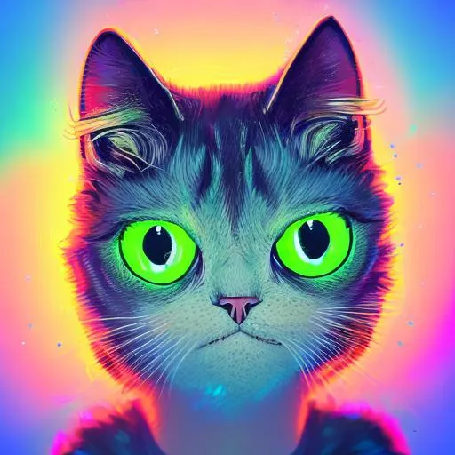Prompt:  cat head,  cute, HD, colorful, beautiful, digital portrait, dynamic lighting, intricate, huge eyes, big eye, weirdcore, led