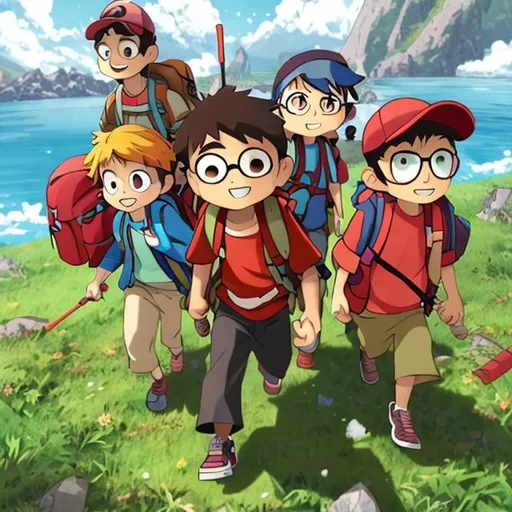 Prompt: Create an image of the three kids, each with a backpack filled with snacks, a magnifying glass, and a compass, as they embark red stone. Depict the characters working together, using their unique skills to decipher the clues that lead them closer to their destination, anime 16:9