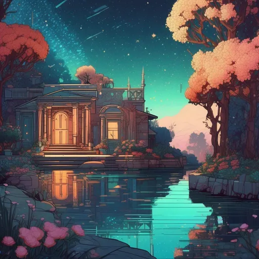 Prompt: Beauiful background level of a 2D Sega Genesis game, video game art, pixel art, concept art, starry sky, dreamy and romantic, ultra detailed, shape focus, natural lighting, trending on artstation ,art by Hokusai ,by Victo Ngai