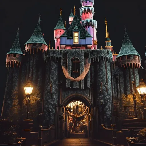 Prompt: Please create a dark, gloomy, rainy, grainy portrait of Disneyland. Have leaves, trees, evil spirits, and have evil Cinderella in the portrait. 8K UHD, Realistic, dramatic shots, Wide shot. Have the Disney castle be dark, gritty and spooky. Have smoke come out as well