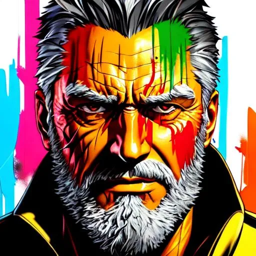 Prompt: old man logan, alex ross, graffiti art, splash art, street art, spray paint, oil gouache melting, acrylic, high contrast, colorful polychromatic, ultra detailed, ultra quality, CGSociety, depth of field, 3d render, unreal engine 5