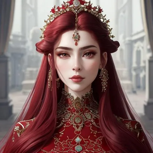 Prompt: Full length portrait, gorgeous 23-year-old woman, in a flowing crimson silk ballgown, stunning, clean face, showing in 4k format, intricate work of magical art, almost ethereal, in cgsociety trends, complex, epic, from Ilya Repin, very detailed bright, staged rendering of the character, super high quality model, beautiful face, flowing long locks, slight smirk on her lips, background in style bokeh