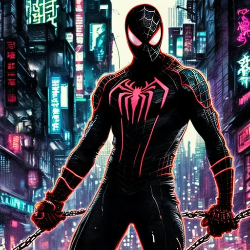 Prompt: Gritty Todd McFarlane style black and neon Spiderman. Full body. Gritty, futuristic army-trained villain. Bloody. Hurt. Damaged. Accurate. realistic. evil eyes. Slow exposure. Detailed. Dirty. Dark and gritty. Post-apocalyptic Neo Tokyo .Futuristic. Shadows. Armed. Fanatic. Intense. 