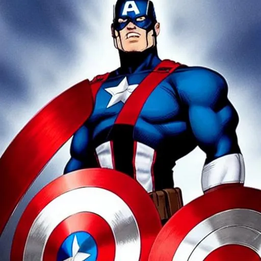 Prompt: Captain Might combines the iconic visual elements of both Captain America and All-Might, creating a visually striking and powerful character.

Captain Might has a muscular and imposing physique, similar to All-Might, with a tall and broad build. He wears a modified version of Captain America's patriotic suit, incorporating elements of All-Might's costume design. The suit is predominantly blue, with red and white accents, and features a prominent star symbol on the chest, representing Captain America's shield. The suit also incorporates bold white stripes that extend from the chest to the shoulders, reminiscent of All-Might's muscular patterns.

Captain Might's shield is a hybrid of Captain America's iconic circular shield and All-Might's symbol. It features a star design in the center, surrounded by All-Might's smiling face. The shield is a representation of both characters' resilience, strength, and unwavering spirit.

In terms of his overall appearance, Captain Might wears a blue helmet with a white wing-like structure on either side, inspired by Captain America's helmet design. He also wears a red, white, and blue cape that flows behind him, symbolizing his heroic presence and representing both characters' commitment to justice and protecting the innocent.