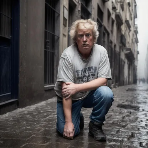 Prompt: dirty homeless looking, dirty scruffy unshaved face, dirty unwashed hair, overweight, photo realistic portrait of {Donald Trump} kneeling on both knees,  sad look, crying,   holding up white flag, realistic, detailed face, 8k, f8, dim grey lighting, foggy  atmosphere, broken cobblestoned alleyway, wearing used dirty clothing,  sweat stained collar, sweat stained armpits, dusk low lighting