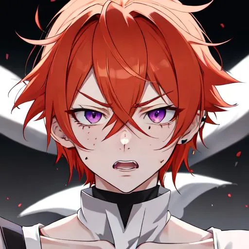 Prompt: Erikku male adult (short ginger hair, freckles, right eye blue left eye purple) UHD, 8K, Highly detailed, insane detail, best quality, high quality,  anime style, in purgatory, angry, fighting, covered in blood