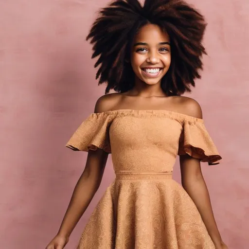 Prompt: Caramel coloured healthy smiling princess with dreadlocks and pink cold shoulder peplum dress