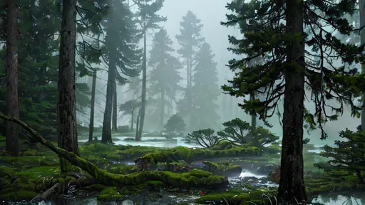 Prompt: pine forest with fog, fallen tree, moss, pond, photorealistic