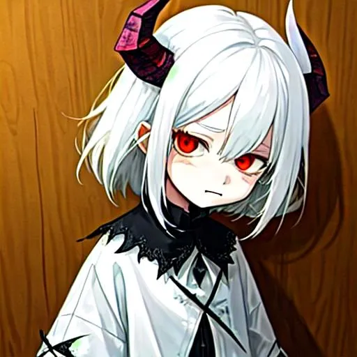 Prompt: Zaley 1female (white hair) {white demon horns} child, 10 years old, wearing torn clothes