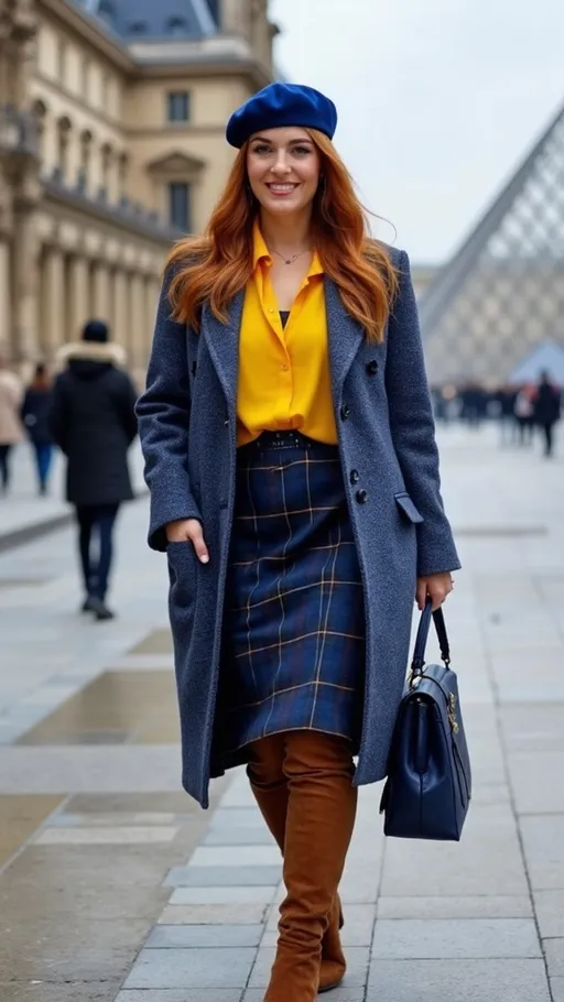 Prompt: (Stunning olive-skin French woman), walking on a (crisp winter day) in (Paris), with (The Louvre Pyramid) in the background, showcasing her elegant charm and beauty, warm friendly smile, (silky auburn-cinnamon hair), wearing a chic (blue Kangol beret), fashionable outfit with a (blue & yellow tweed coat), bright (yellow blouse), stylish (blue plaid above the knee skirt), and (tall brown suede boots), navy purse, featuring curvy figure, captured in (photorealistic 8k), emphasizing (high detail & quality). The ambiance is (charming) and (elegant).