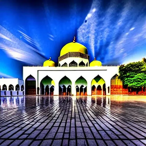 Prompt: long shot scenic professional photograph of Baiturrahman Mosque, perfect viewpoint, highly detailed, wide-angle lens, hyper realistic, with dramatic sky, polarizing filter, natural lighting, vivid colors, everything in sharp focus, HDR, UHD, 64K