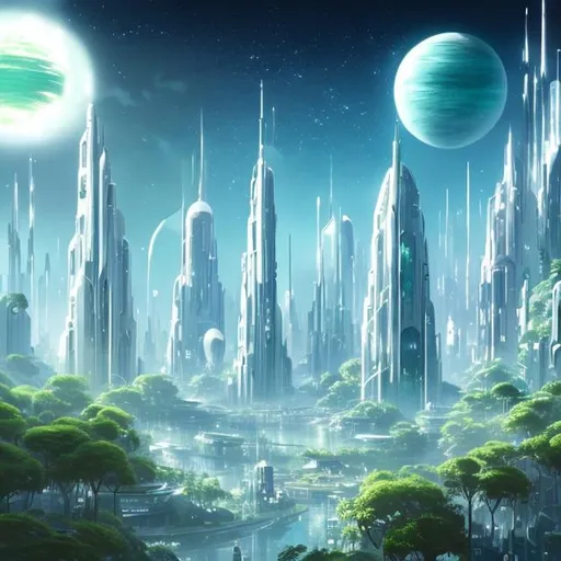 Prompt: Futuristic City White Tall Towers Lush Green Overgrown Plants Light Blue Sky High with many big white spaceships