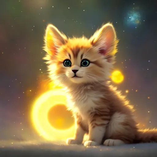 Prompt: Cute, yellow, fluffy, fantasy light kitten, with lighting, yellow eyes, yellow fur, and possessing the element of space and making circles of lighting stripes
 move around in the air in a magical way, in a space background. Perfect features, extremely detailed, realistic. Krenz Cushart + loish +gaston bussiere +craig mullins, j. c. leyendecker +Artgerm.