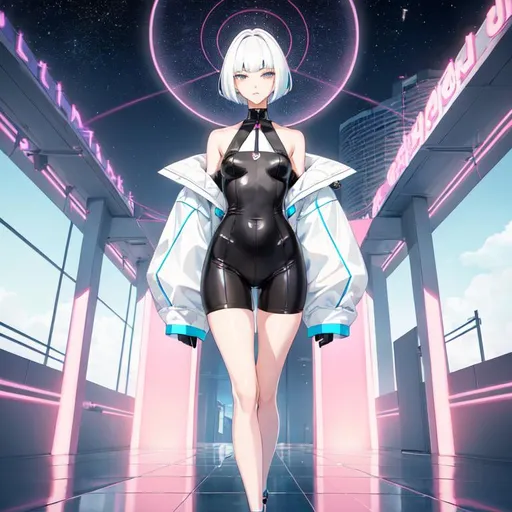 Prompt: a lonely AI boy, very tall, thick thighs, wide hips, long legs, slender arms, slender waist, big beautiful symmetrical eyes, intriguingly beautiful face, aloof expression, bob haircut with bangs, wearing Hypercutesy Pastel-Pop Post-Gender fashion clothes, high fashion, 12K resolution, hyper quality, hyper-detailed, hyper-realistic, hyper-professional