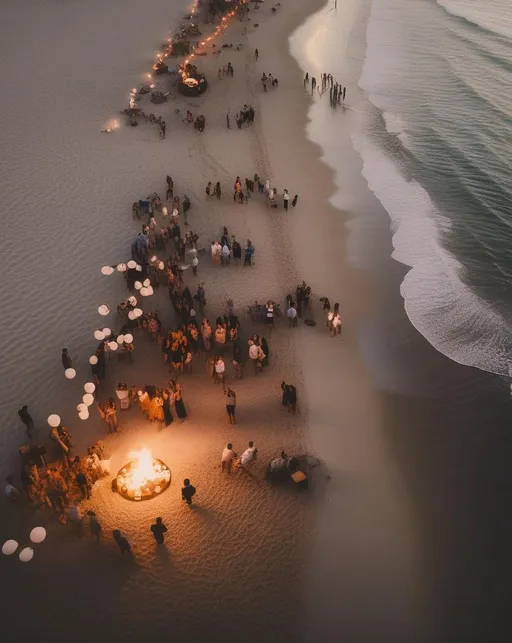 Prompt: A lively aerial shot of a beach party at dusk with bonfires and lanterns scattered across the sand. Groups of friends dance together while waves crash gently along the shoreline behind them. The scene is illuminated by the warm light of the setting sun blending with the cooler light of the rising moon. Shot with a DJI Mavic 3 drone using a wide angle lens to capture the scope. The mood is carefree summertime joy. In the style of José Luis Ruiz.