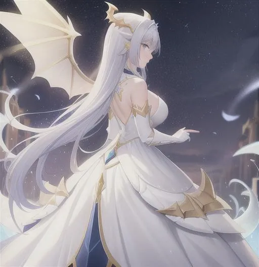 Prompt: White and gold, dragon knight, wings, large dragon tail, armor, woman, long dress