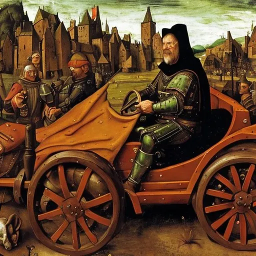 Prompt: Medieval merchant driving a sportscar, dressed in brocate, oil painting, 16th century, realistic, in the style of Hans Memling
