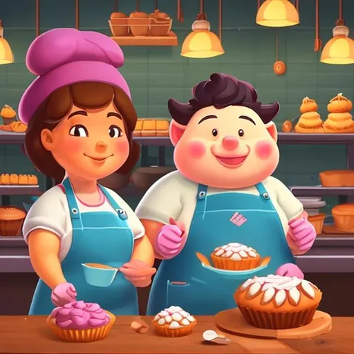 Prompt: A friendly baker and his baking partner a chubby hog. Baking muffins together 