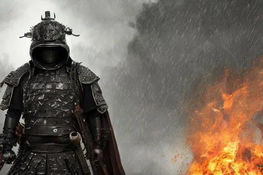 Prompt: HDR, professional, 8k, best version, masterpiece,faceless samurai with black armor  black full face helmet black katana standing in the rain