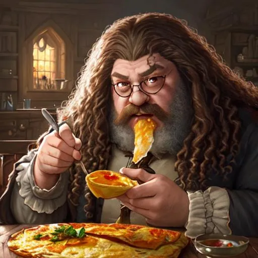 Prompt: a detailed portrait of hermione granger and hagrid eating omlette, by justin gerard and greg rutkowski, digital art, realistic painting, dnd, character design, trending on artstation