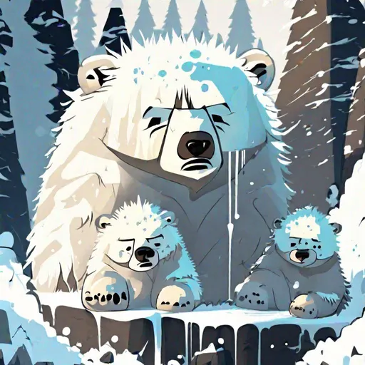 Prompt: (in dripping art style) "Li'l Avalanche, When a cub, the young Atmora Snow Bear is a lap-clambering cuddle bug, a friendly fuzzball whose demeanor is completely at odds with the fierce reputation of adult Snow Bears. Enjoy them while they're still small!, dripping snow, dripping cute, Masterpiece, Best Quality 