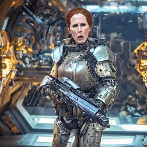 Prompt: Catherine Tate shouting angrily wearing an armored futuristic scifi military uniform and holding an advanced exotic shotgun in full color