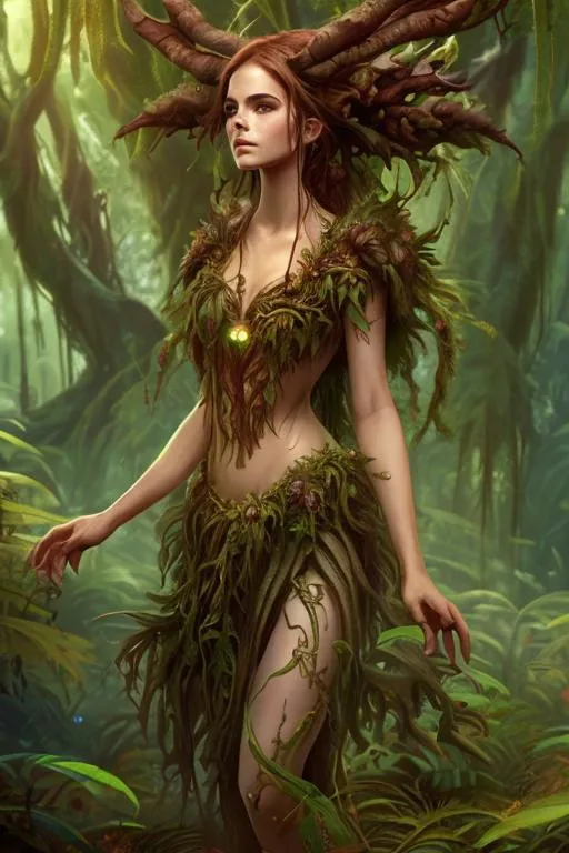 Prompt: forest spore druid by Emma Watson, short red dreadlocks, elegant long dress, DnD Fantasy, full body portrait, artstation, 8k, highly detailed, digital painting, posing on the jungle swamp